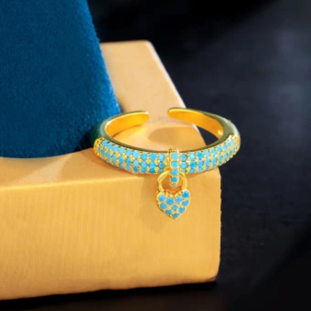 Adjustable Gold and Blue Heart Charm Ring - Picture 3 of 3